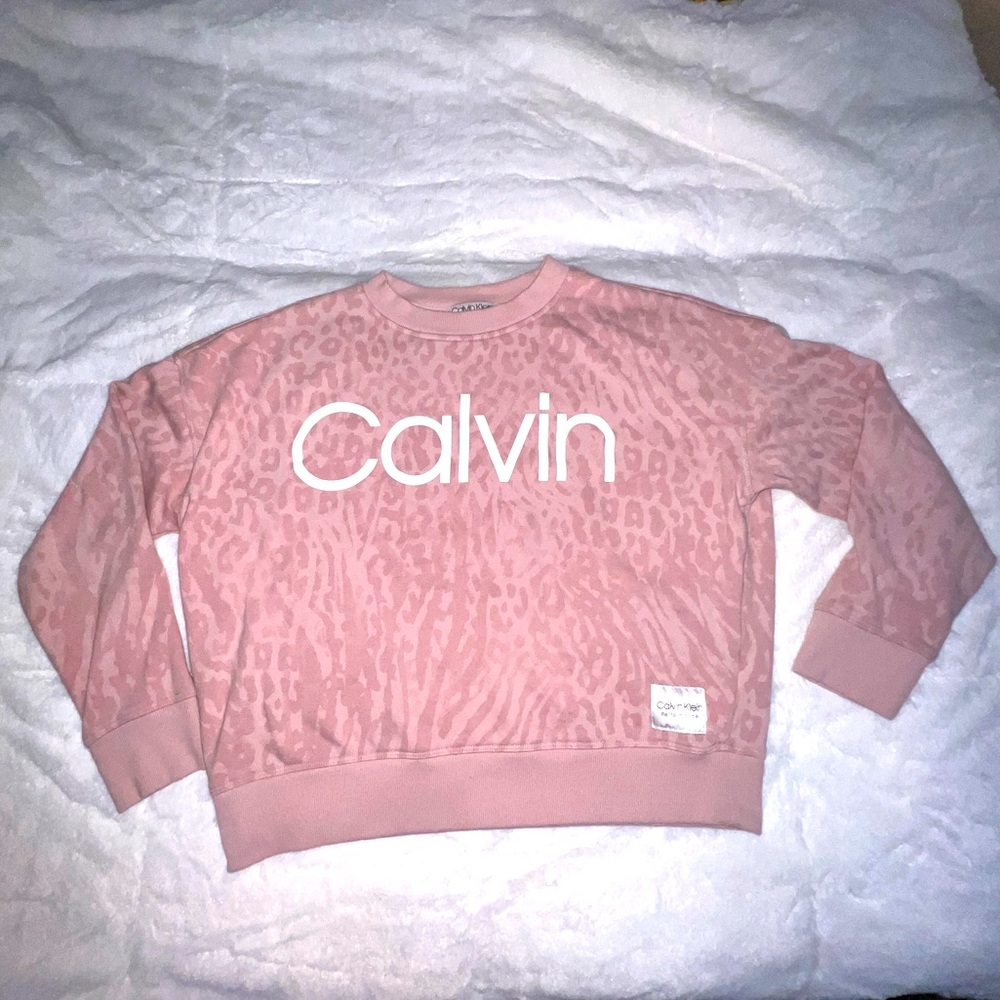 Calvin Klein Performance Women’s 6/8 Pink Leopard Print Crew Cropped Sweatshirt